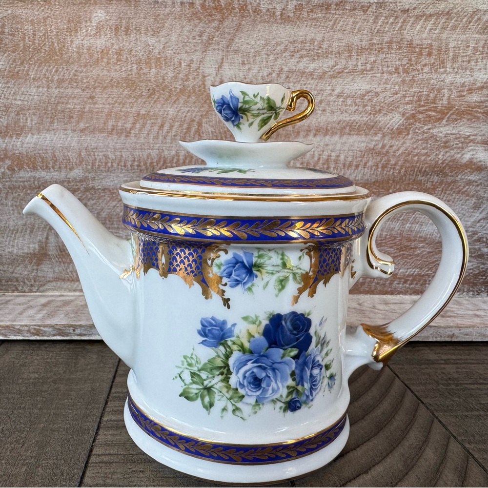 Fielder Keepsakes Porcelain Teapot Blue Rose + Gold Accents